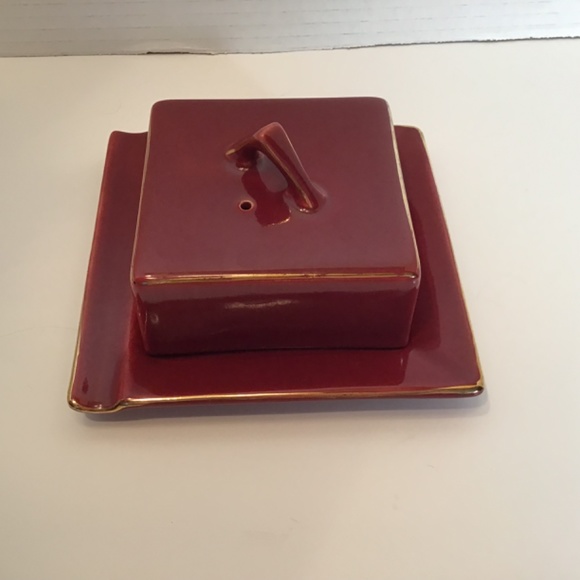 Vintage H. J. WOOD LTD Burslem England Ceramic Maroon Burgundy Butter Dish - Picture 6 of 6